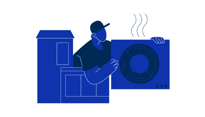 An illustration of an HVAC person and a heat pump. 